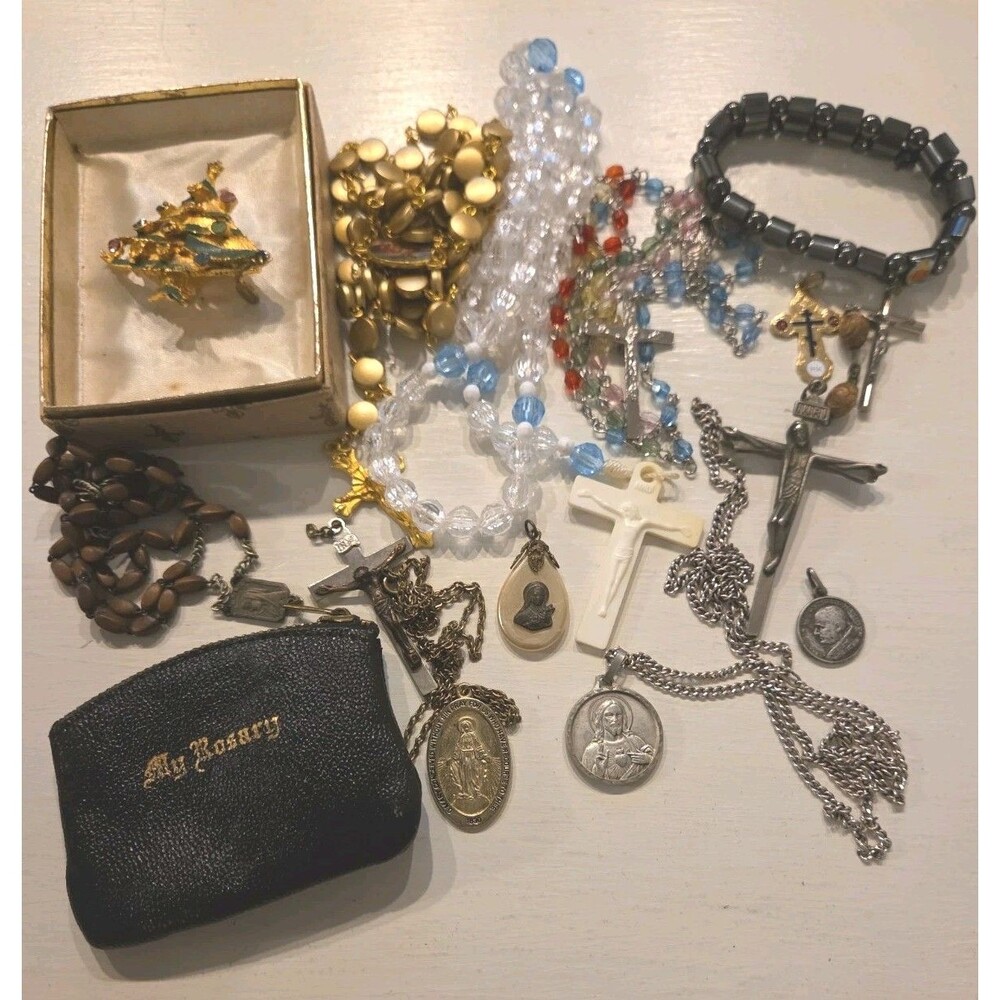 Religious Lot Rosary Beads Medals Crucifix Bracelet Saints Jesus Mary Catholic